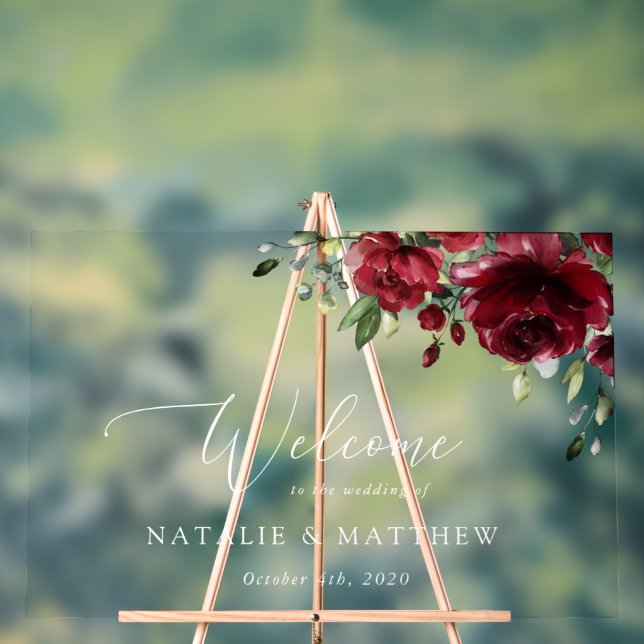 Panneau En Acrylique Fleurs Bourgognes, Fleurs rouges, Accueil Mariage (Neutre)