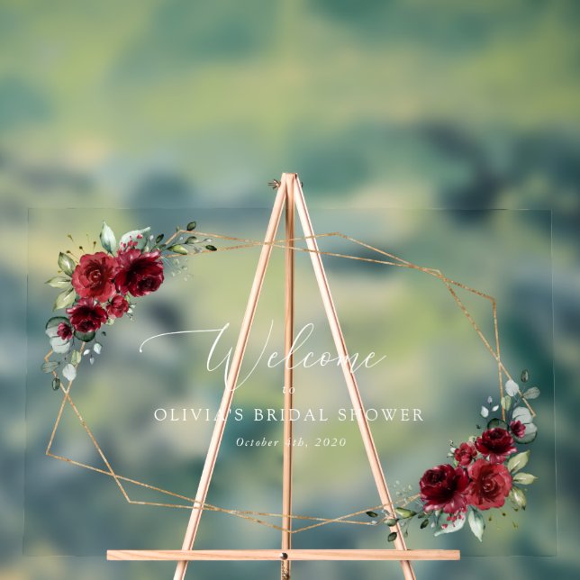 Panneau En Acrylique Fleurs Bourgognes, Fleurs Rouges, Accueil Mariage (Neutre)