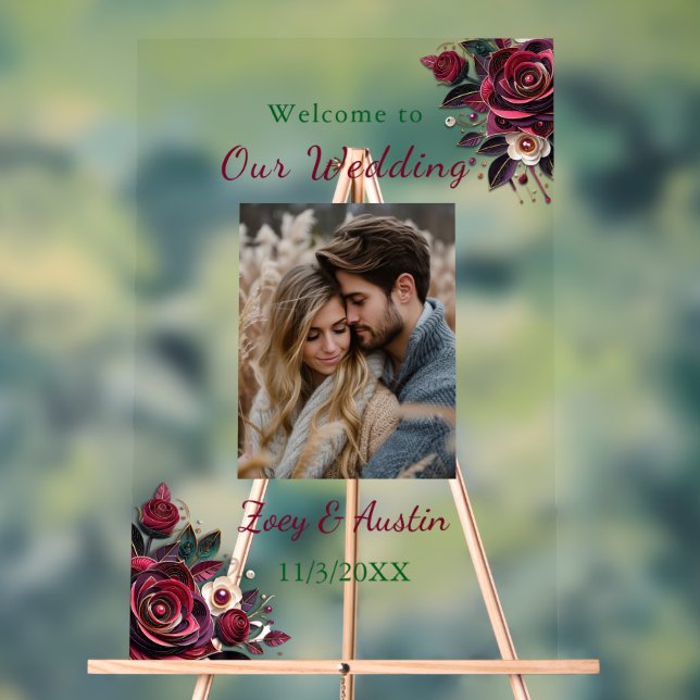 Panneau En Acrylique Fleurs Bourgognes, Foliage et Perles Personnalisée (Neutre)