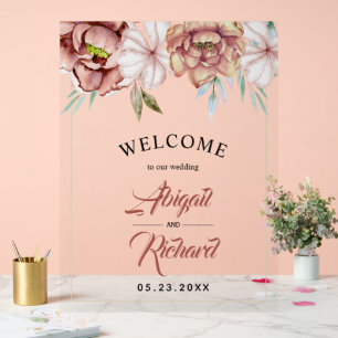 Panneau En Acrylique Fleurs d'aquarelle en terre cuite mariage BIENVENU