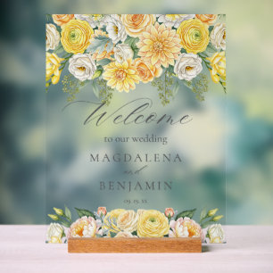 Panneau En Acrylique Fleurs de Pêcher Jaunes, Sauge, Verdure de Mariage