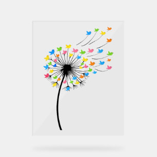 Panneau En Acrylique Fleurs de pissenlit en vol d'oiseaux colorés