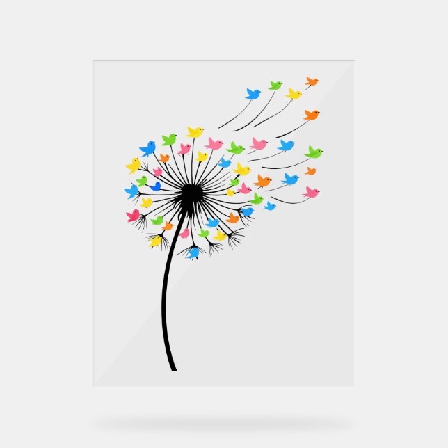 Panneau En Acrylique Fleurs de pissenlit en vol d'oiseaux colorés (Recto)