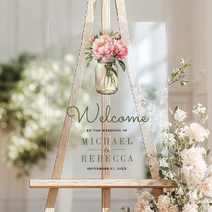 Panneau En Acrylique Fleurs de pivoine roses Pot de grès Mariage Bienve