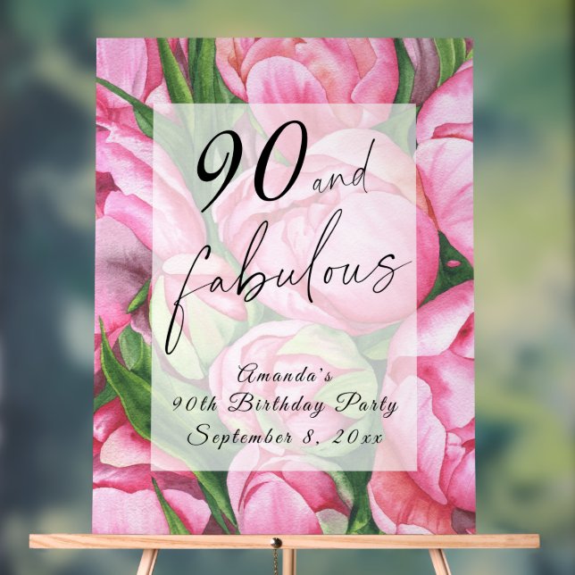 Panneau En Acrylique Fleurs de pivoines 90e fête d'anniversaire (Neutre)