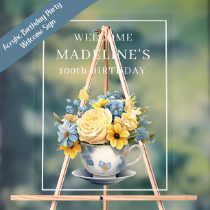 Panneau En Acrylique Fleurs jaunes de théière bleu poussiéreux