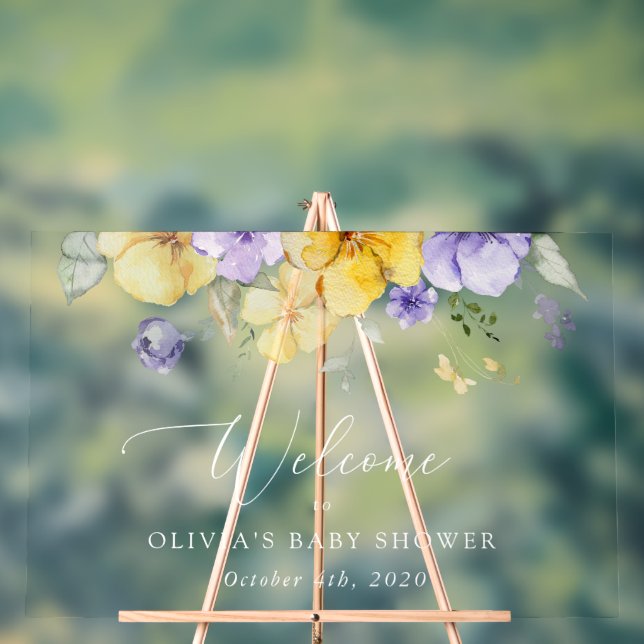 Panneau En Acrylique Fleurs Lilac, Fleurs Jaunes, Accueil Baby shower (Neutre)