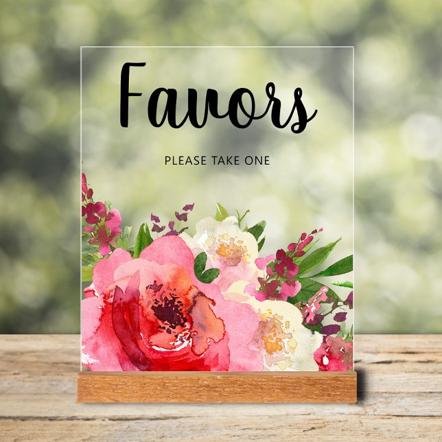 Panneau En Acrylique Fleurs roses Fêtes des mariées préférées (Favors bridal shower tabletop  acrylic sign with pink and cream flowers and greenery)