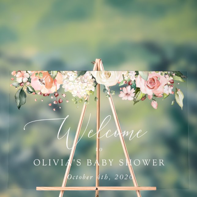 Panneau En Acrylique Fleurs roses, Fleurs blanches, Accueil Baby shower (Neutre)