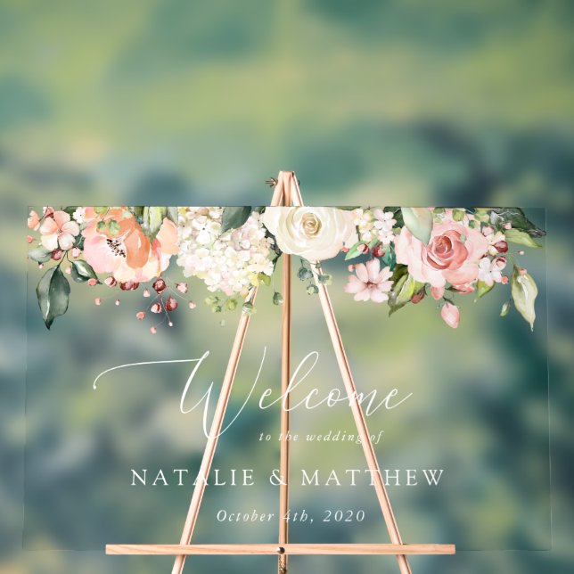 Panneau En Acrylique Fleurs roses, Fleurs blanches, Boho, Accueil Maria (Neutre)