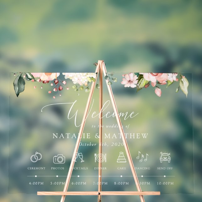 Panneau En Acrylique Fleurs roses, Fleurs blanches, Chronologie Mariage (Neutre)