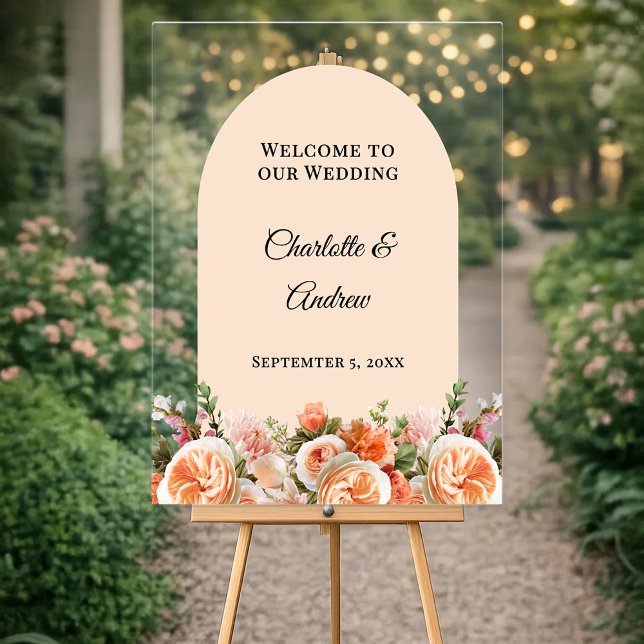 Panneau En Acrylique Fleurs roses orange en arche pour un mariage bienv (Créateur téléchargé)