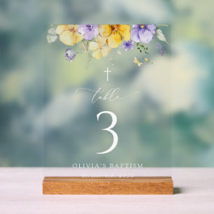 Panneau En Acrylique Fleurs violettes et jaunes, numéros de table de ba