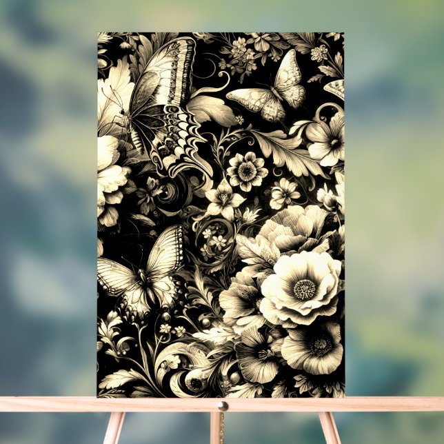 Panneau En Acrylique Floral d'antiquité d'or aux papillons (Neutre)
