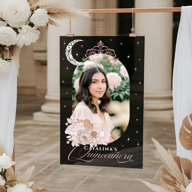Panneau En Acrylique Floral Moon Stars Tiara Photo Quinceañera Welcome (Floral Moon Stars Tiara Photo Quinceañera Welcome Acrylic Sign)
