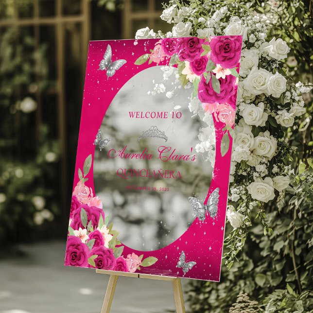 Panneau En Acrylique Floral rose Argent Tiara Papillon Quinceañera (Créateur téléchargé)