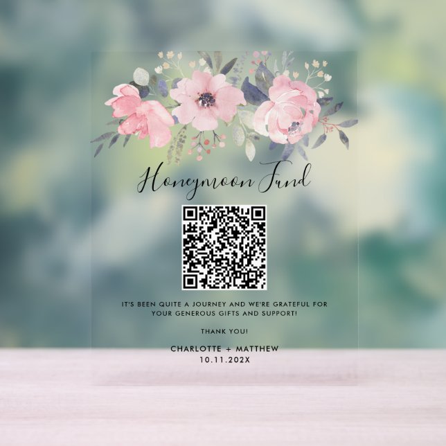 Panneau En Acrylique Floral Rose Bloom Honeymoon Fund QR Code (Neutre)