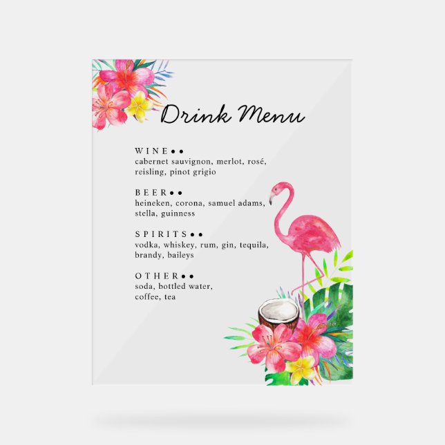 Panneau En Acrylique Floral Tropical Paradise Flamingo Drinks Menu (Recto)