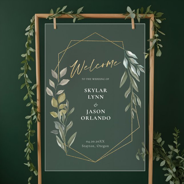 Panneau En Acrylique Foliage minimal et Terrarium géométrique Or Bienve (Minimal Foliage & Gold Geometric Terrarium Welcome Acrylic Sign)
