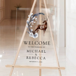 Panneau En Acrylique Forêt de feuilles de pin Cerf Mariage Bienvenue