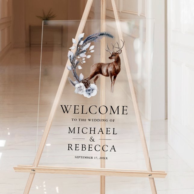 Panneau En Acrylique Forêt de feuilles de pin Cerf Mariage Bienvenue (Créateur téléchargé)