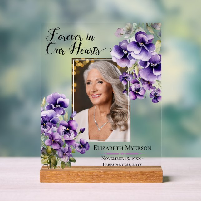 Panneau En Acrylique Forever In Our Hearts Photo Violets Memorial  (Neutre)