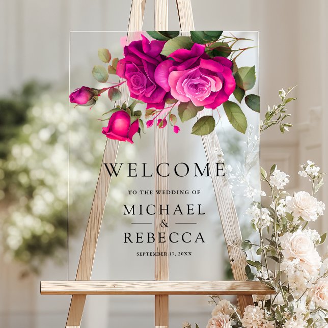 Panneau En Acrylique Fuchsia Hot Pink Roses Wedding Welcome (Créateur téléchargé)