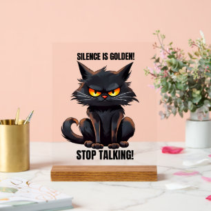 Panneau En Acrylique Funny golden silence chat mot art sarcasme