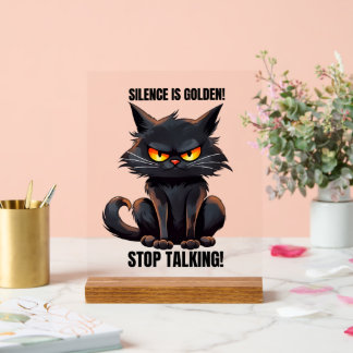 Panneau En Acrylique Funny golden silence chat mot art sarcasme
