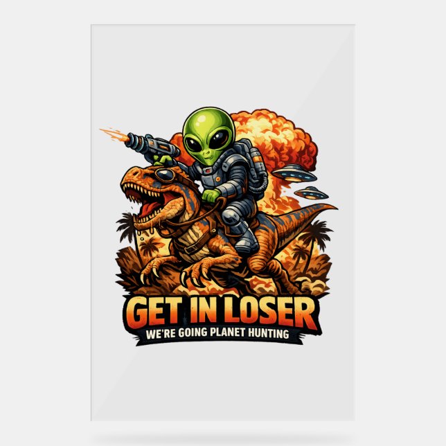 Panneau En Acrylique Funny Sci-Fi Fantasy Meme Art, Alien Riding Dinosa (Recto)