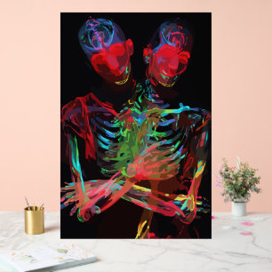 Panneau En Acrylique Fusion d'art avec embrassade de squelette néon