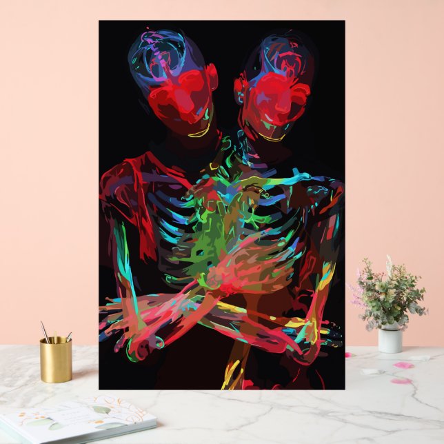 Panneau En Acrylique Fusion d'art avec embrassade de squelette néon (Mariage)