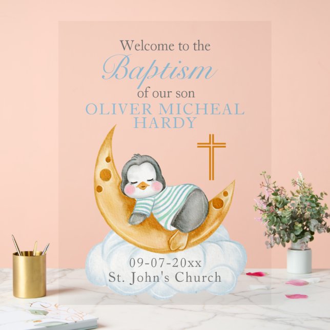 Panneau En Acrylique Garçons Baptême Christening Bienvenue Baby Penguin (Mariage)