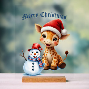 Panneau En Acrylique Girafe de caricature mignonne avec Santa Hat & Sno