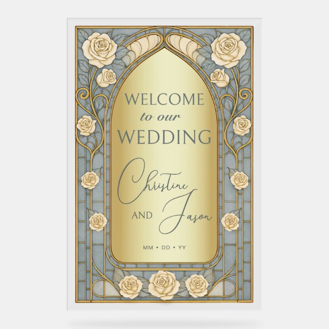 Panneau En Acrylique Gold Blue Stained Glass Floral Wedding Welcome  (Recto)