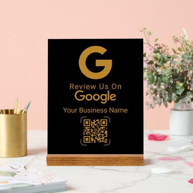 Panneau En Acrylique Gold Google Review QR Code Black (Mariage)