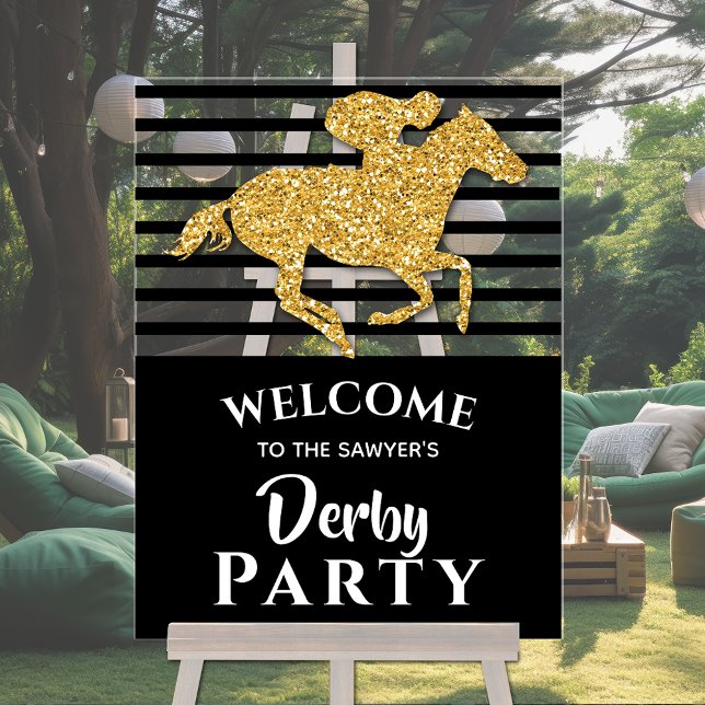 Panneau En Acrylique Gold Racehorse Black Stripes Derby Bienvenue (Gold racehorse on black stripes derby party acrylic welcome sign)