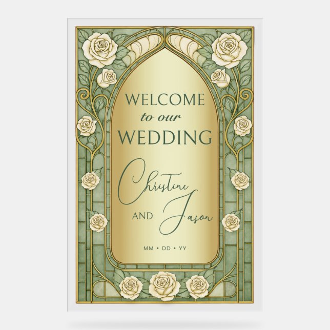 Panneau En Acrylique Gold Sage Stained Glass Floral Wedding Welcome  (Recto)