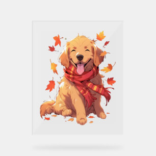 Panneau En Acrylique Golden Retriever Automne Dog Feuilles d'automne