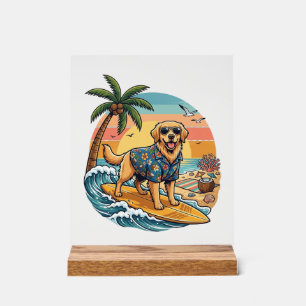 Panneau En Acrylique Golden Retriever Chien Surfant Planche de Surf Cou