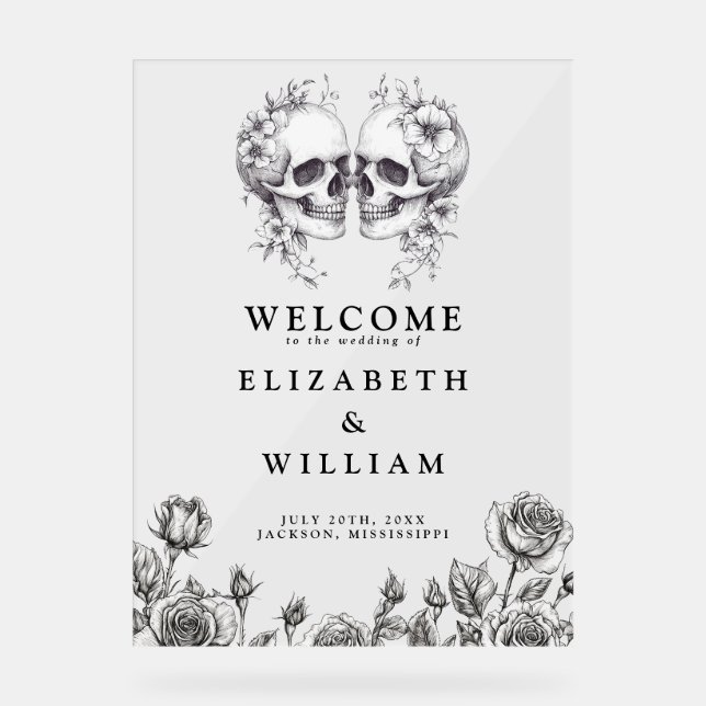 Panneau En Acrylique Gothique Floral Skuls Mariage Bienvenue (Recto)
