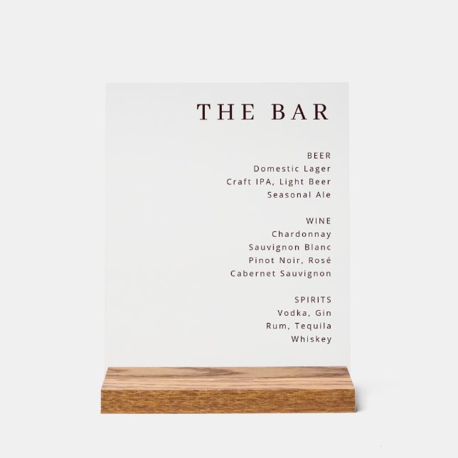 Panneau En Acrylique Graceful Brown Text Bar Menu (Recto)