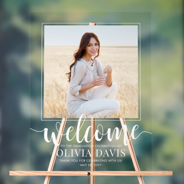 Panneau En Acrylique Graduation Party Script Bienvenue & 1 Carré photo (Neutre)