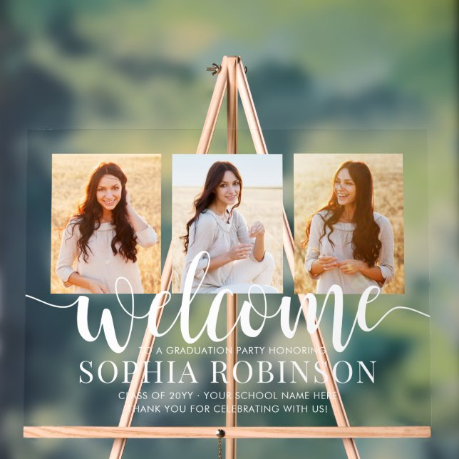 Panneau En Acrylique Graduation Party Script Bienvenue & 3 Photo Collag (Neutre)