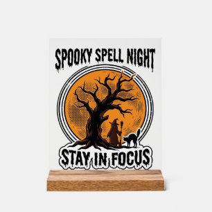 Panneau En Acrylique Graphisme sorcière d'Halloween vintage et chat noi