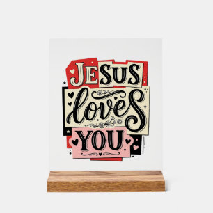 Panneau En Acrylique Gravure vintage Jésus t'aime Typographie chrétienn