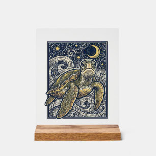 Panneau En Acrylique Gravure vintage tortue marine nuit étoilée