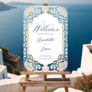 Panneau En Acrylique Grèce Blue Floral Ornate Frame Mariage Bienvenue