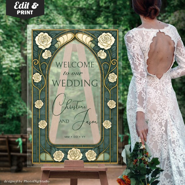 Panneau En Acrylique Green Stained Glass Art Nouveau Wedding Welcome  (Sage Stained Glass Floral Wedding Welcome Acrylic Art Nouveau Sign Frosted Look Sign)