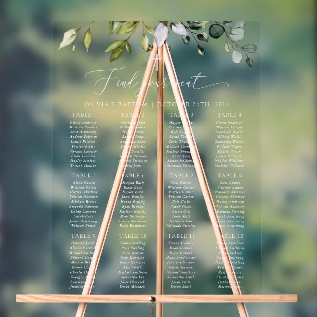 Panneau En Acrylique Greenery, Eucalyptus Leaves, Baptism Seating Chart (Neutre)